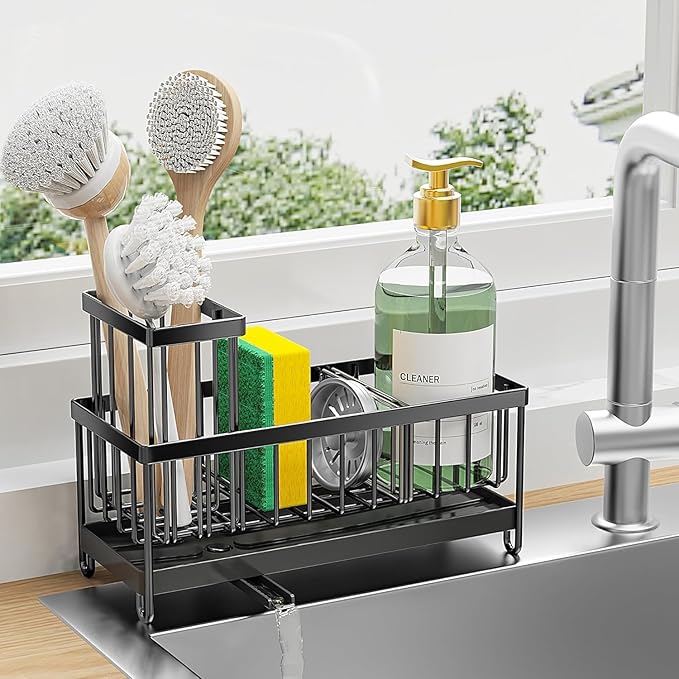 Black Sponge Holder for Kitchen Sink, Organizer with Brush Holder, Rustproof 304 Stainless Steel, Kitchen Countertop Storage