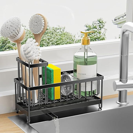 Black Sponge Holder for Kitchen Sink, Organizer with Brush Holder, Rustproof 304 Stainless Steel, Kitchen Countertop Storage