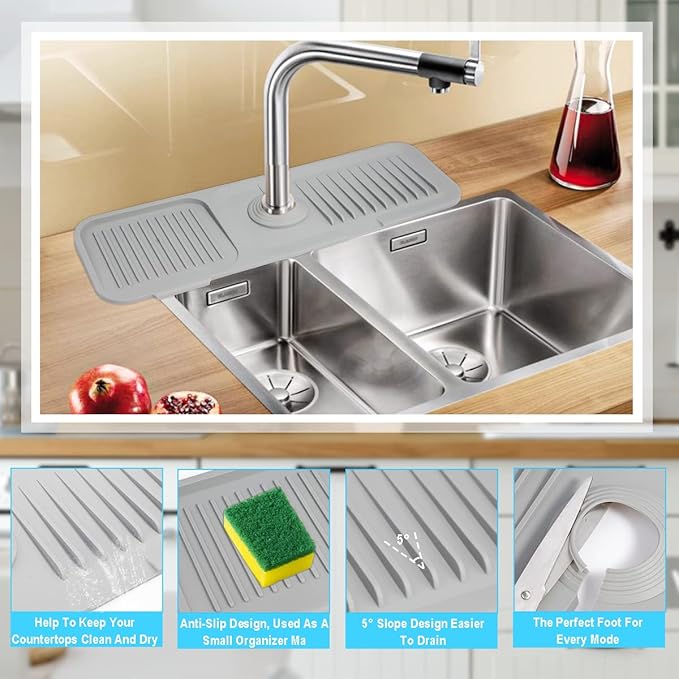 Sink Splash Guard, Silicone Sink Faucet Mat Sink Accessories Faucet Absorbent Mat for Kitchen, Bathroom, Sink Sponge Holder (Grey)