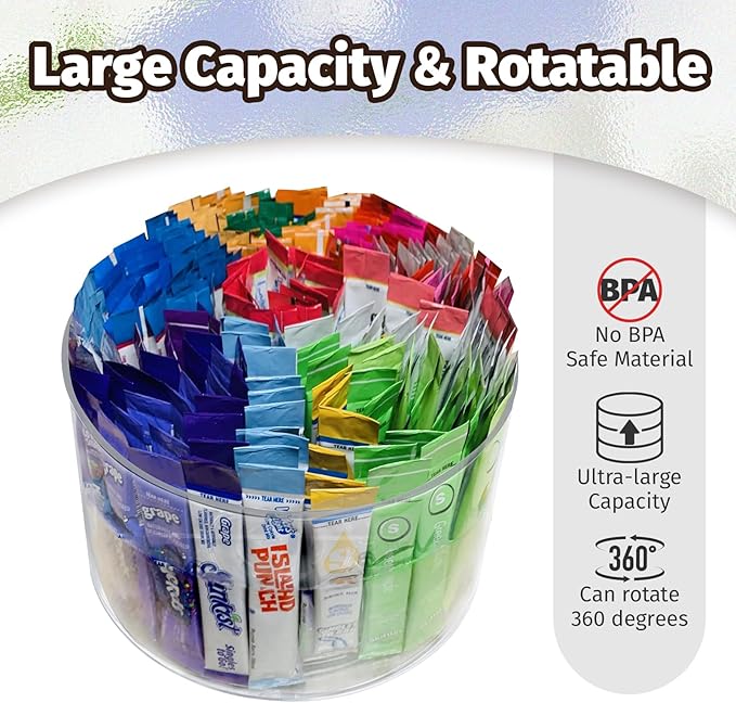 Drink Packet Organizer for Powdered Drink Mix,Powder Packet,Water Packet,Water Flavor Packet,Lazy Susan Organizer for Drink Mix Rotating Holder for Drink Mix Necessities