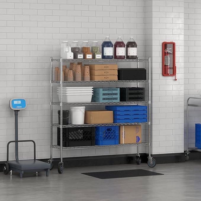 Commercial NSF Listed Chrome Mobile Wire Shelving Kit 14" x 54" x 60", with 5 Shelves Perfect for Warehouse, Walk-in Refrigerator, Freezer, Grocery Store, Restaurant, Dishroom