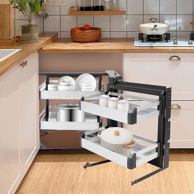 2 Tier Blind Corner Cabinet Pull Out,33.86" Swing Right Slide Out Kitchen Corner Cabinet Organizer Shelf with 4 Baskets,Small Space Organizer Kitchen Swivel Storage Shelf,115° Opening(Right Pull-Out)