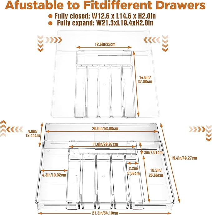 Expandable Utensil Drawer Organizer, Clear Plastic Silverware Tray for Drawers 9 Compartments Adjustable Non-Slip Drawer Storage Organizer forTableware, Knives, Forks, Spoons, Tools, Stationery