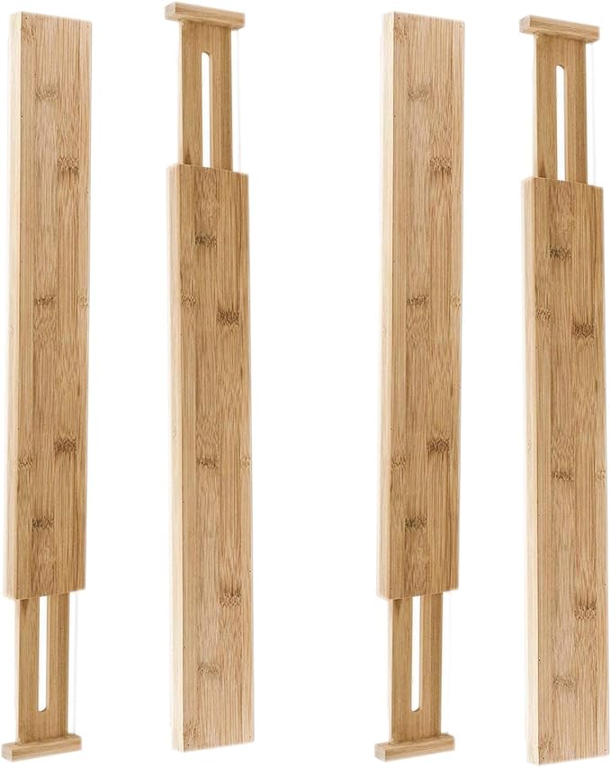HUJI 4 PCS Bamboo Drawer Dividers Organizers For Bed Room, Bathroom, Kitchen, Garage, Great To Organize Clothes Kitchen Utensils Tools Shirts Socks Towels (2 PACK)