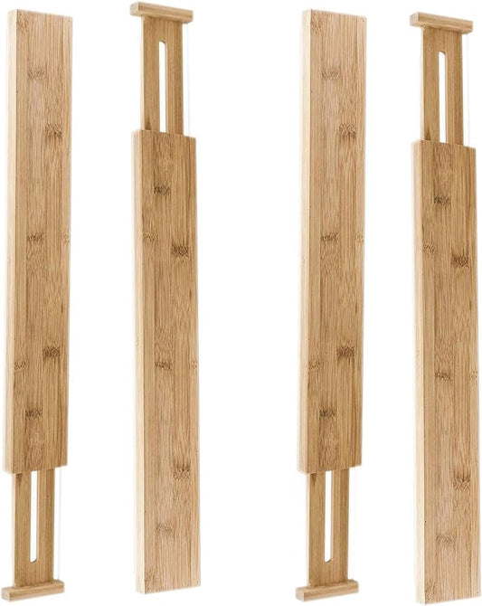 HUJI 4 PCS Bamboo Drawer Dividers Organizers For Bed Room, Bathroom, Kitchen, Garage, Great To Organize Clothes Kitchen Utensils Tools Shirts Socks Towels (2 PACK)
