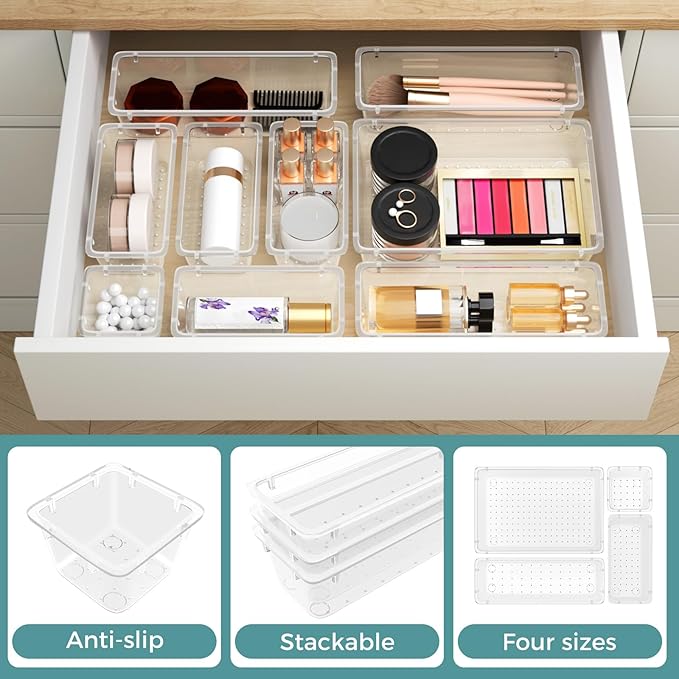 WOWBOX 44 PCS Clear Plastic Drawer Organizer Set, 5 Varied Size storage Bins and Desk Drawer Organizer Trays for Makeup, Gadgets, Jewelry and Utensils in Bathroom, Bedroom and Office, Clear
