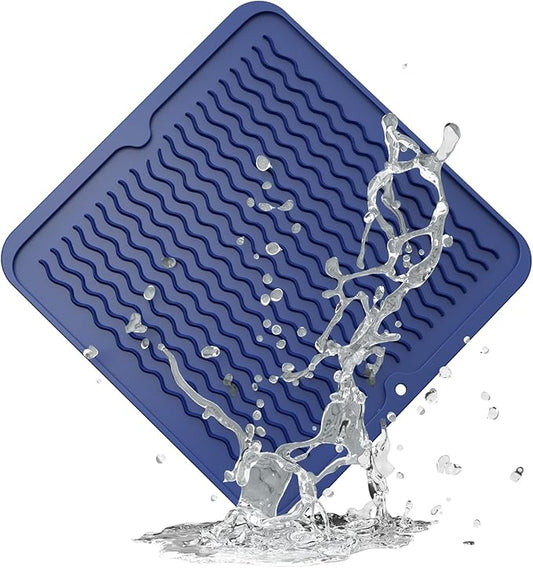 ZLR Silicone Dish Drying Mat 12" x 12" Square - Small Heat Resistant Trivet & Countertop Protector for Air Fryer, Coffee Maker - Waterproof Kitchen Drain Pad for Cups, Fruit (Midnight Blue)