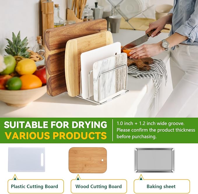 304 Stainless Steel Cutting Board Organizer Rack Cutting Board Holder Stand with Compact 4 Slots Cookie Sheets Organizer for Kitchen Countertop and Cabinet Storage, 1.0 & 1.2 Inch Wide Slots