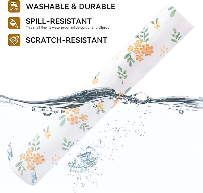 RAY STAR Shelf Liner, 20 Inch x 72 Inch Non Adhesive Orange Floral Kitchen Cabinet Liner for Pantry Drawer Vanity, Strong Grip Non Slip Waterproof, Shelf Liners for Kitchen Cabinets Cupboard