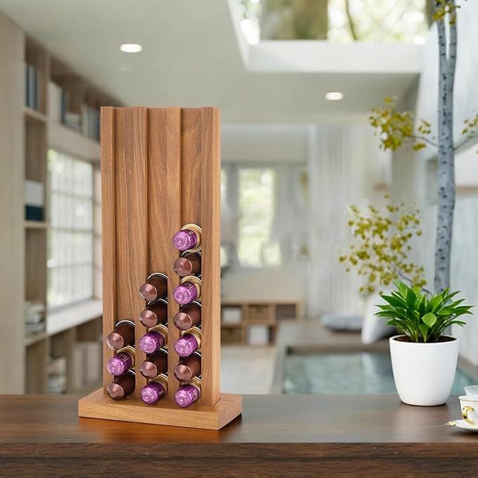 Teak Wood Coffee Pod Holder K Cup Organizer with Base, 33 Pod Capacity