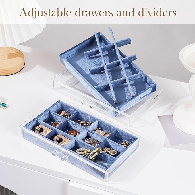 Lolalet Earring Holder Organizer Box Jewelry Storage with 4 Drawers, Clear Acrylic Stackable Earring Case with Adjustable Velvet Trays for Women on Dresser Vanity -Blue, 4 Layers