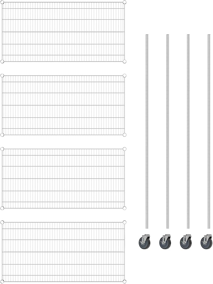 Commercial NSF Listed Chrome Mobile Wire Shelving Kit 24" x 48" x 80", with 4 Shelves Perfect for Warehouse, Walk-in Refrigerator, Freezer, Grocery Store, Restaurant, Dishroom