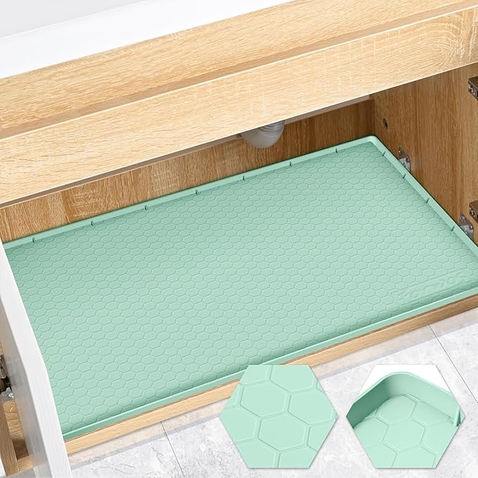 FORWOS Waterproof Under Sink Mat 34" x 19", Silicone Cabinet Liner, Rubber Protector for Kitchen and Bathroom, Keeps Cabinets Clean, Dry, and Organized (Mint Green)