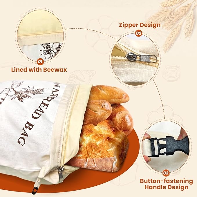 Surcotto Beeswax Bread Bags,2 Pack Sourdough Bread Bag,Reusable,for Homemade Bread,Natural Beeswax-Lined Cotton Food Storage Bags to Keep Fresh,Sourdough Bread Bag for Freezer & Refrigerator