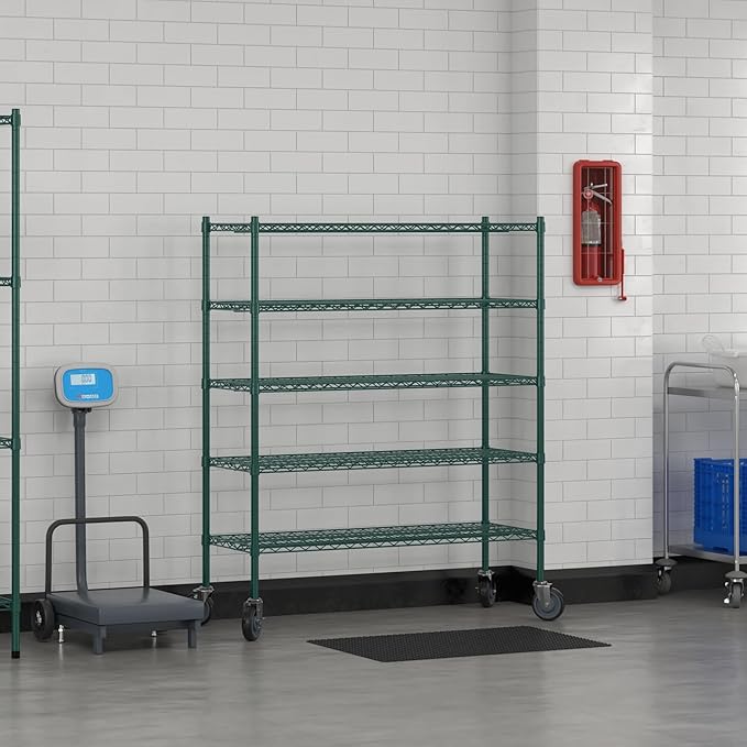 Commercial NSF Listed Green Epoxy Mobile Wire Shelving Kit 18" x 48" x 60", with 5 Shelves Perfect for Warehouse, Walk-in Refrigerator, Freezer, Grocery Store, Restaurant, Dishroom