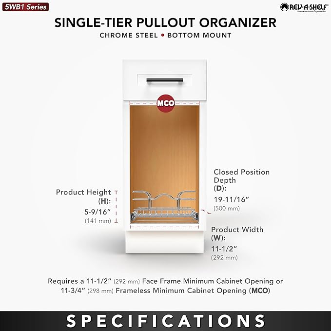 Rev-A-Shelf Kitchen Cabinet Pullout Shelf and Drawer Organizer Slide Out Pantry Storage Basket in Multiple Sizes, 8.5 x 18 In, 5WB1-0918CR-1