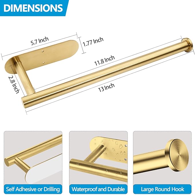 Gold Paper Towel Holder Under Cabinet - Self Adhesive Paper Towel Roll Holder Stick on Wall, Stainless Steel Paper Towel Rack for Kitchen Bathroom(2 Pcs)