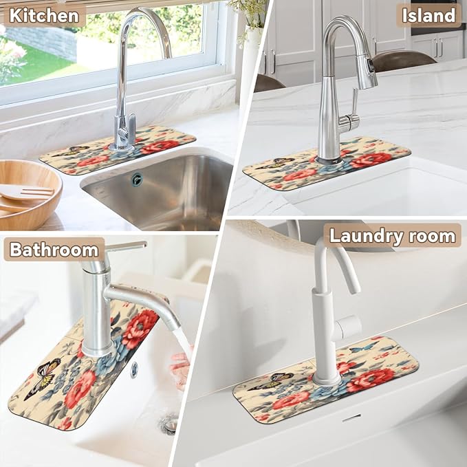 Vintage Floral Butterfly Kitchen Faucet Mat Splash Guard, 15.4”x5.7” Absorbent Quick Drying Sink Mat for Countertop Protection, Draining Mat Sink Protectors For Kitchen Bathroom, 1 Pack