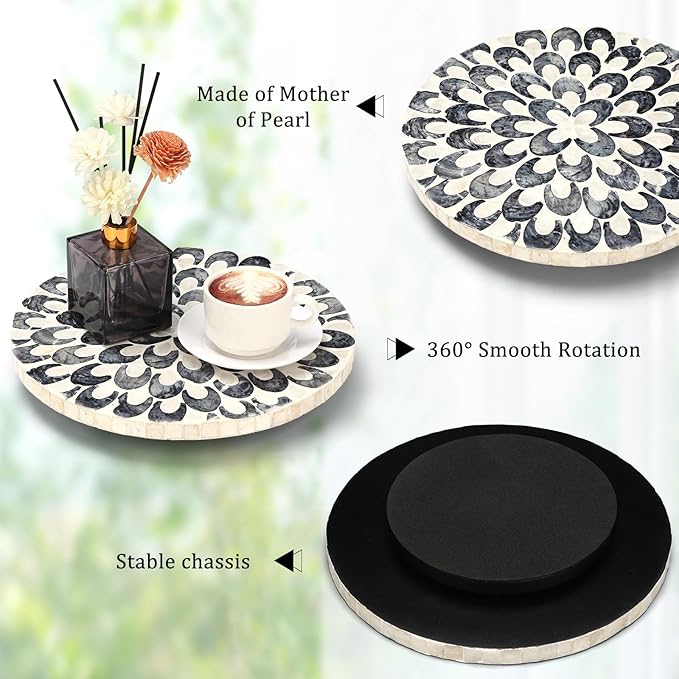 Mother of Pearl Lazy Susan for Table Turntable Organizer Wood Round Spinning Tray Rotating for Kitchen Cabinet Counter Spice Pantry 12 Inch(Floral Pattern)