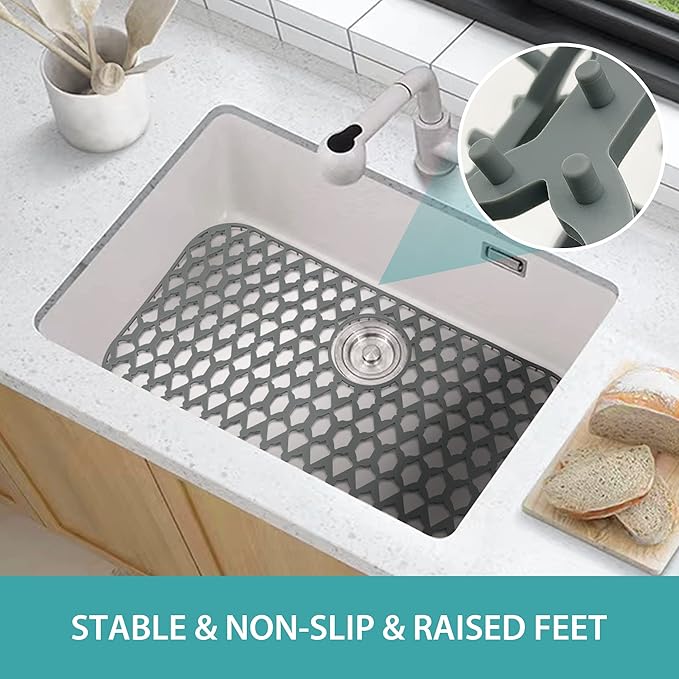 SAMSIER Sink Protectors for Kitchen Sink, Kitchen Sink Accessory - Silicone Mats Grid for Stainless Steel Strainer Bottom of Farmhouse Porcelain sinks (28”x14.4”, Rear Drain)