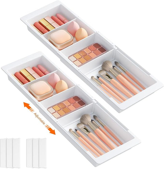 Lifewit Sliding Makeup Drawer Organizer, Fits 13-20" Deep Drawers, Extendable Hanging Divider, 1.8" High Plastic Tray for Vanity, Office, Kitchen, White, 2Pcs
