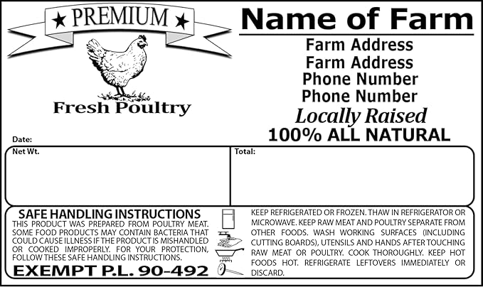 Custom Poultry Freezer Labels 4" x 2.5" with Safe Handling Instructions and Exemption – P.L. 90-492 (1000)