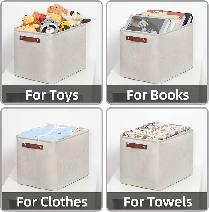 HNZIGE Large Canvas Baskets 16"×11.8"×11.8" Decorative Storage Bins with Leather Handles (2 Pack) Collapsible Rectangle Storage Baskets for Organizing Clothes, Toy, Books, Sundries, Tools(Cream)