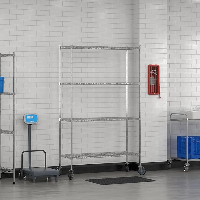 Commercial NSF Listed Chrome Mobile Wire Shelving Kit 18" x 48" x 80", with 4 Shelves Perfect for Warehouse, Walk-in Refrigerator, Freezer, Grocery Store, Restaurant, Dishroom