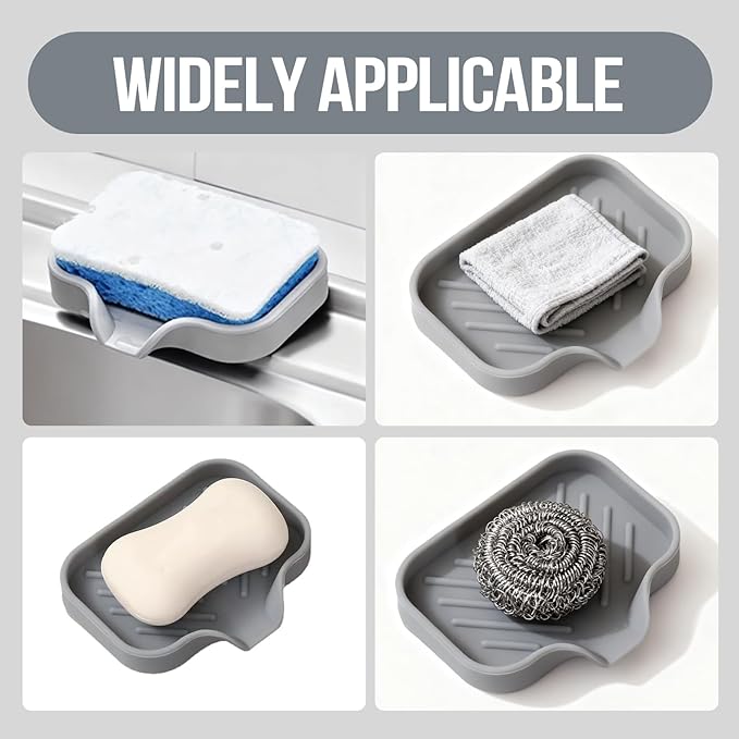 Sponge Holder with Drain Spout, 4.7" x 3.6" Bathroom and Kitchen Sink Organizer, Dish Soap Tray for Sponges, Scrubbers, Dispensers, Dish Brushes, Spoons & Other Sink Items, Dishwasher Safe (Grey)