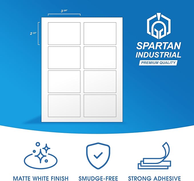 2 1/3" X 3 3/8" Matte White Printable Labels for Inkjet and Laser Printers - 100 Sheets, 800 Custom Stickers, Name Tags, Hello My Name is Stickers, Shipping Labels - Spartan Industrial Template R013