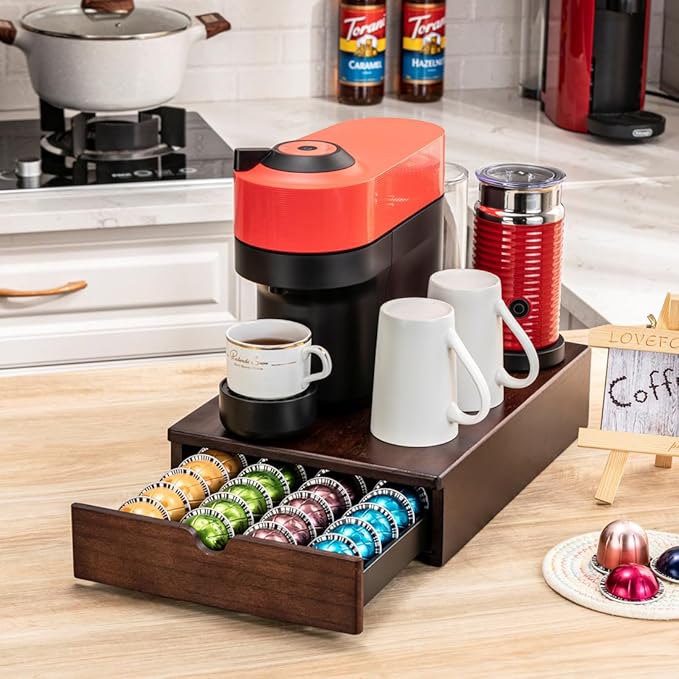 Flagship Vertuo Pod holder for Nespresso Pod Drawer Coffee Pod Organizer Modern Style & Coffee Machine Stand Wood Frame(40 Pods Capacity)