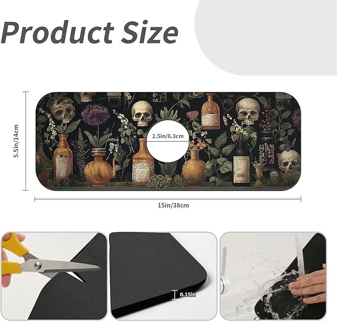 Kitchen Sink Splash Guard，Apothecary bottles, skulls Faucet Mat Sink Gadgets-Super Absorbent Fast Drying Mat Drip Catcher for Kitchen, Bathroom,Sink Mat, Dish Drying Mat, Bathroom(15" X 5.5" )