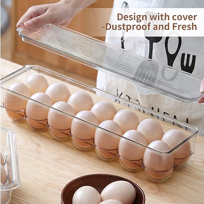 Clear Egg Organizer, Egg Holder for Frigde, 14 Eggs, With Removable Lid, Stackable, BPA Free,1 Pack, Quail/Hen/Duck/Turkey, Egg Tray, Egg Rack, Egg Container, Storage Bins