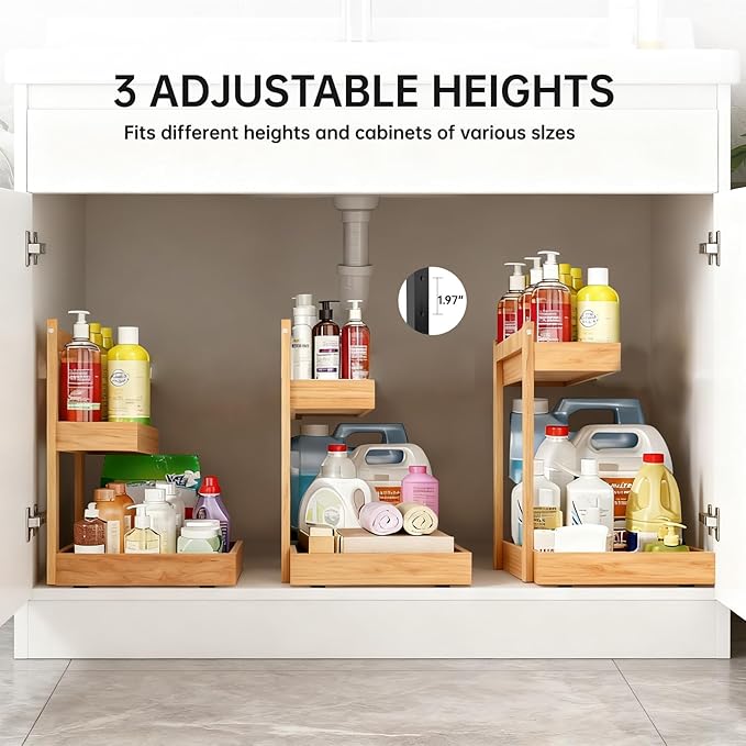 Bamboo Undersink Organizer Storage - 2-Tier Cabinet Shelf with Adjustable Levels, Under Sink Storage Slide Out for Cabinet Pantry Kitchen Bathroom
