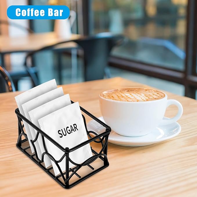DLUGOPIS 4 Pieces Black Metal Sugar Packet Holder Tea Bag Organizer Sugar Caddy Holder Small Sugar Container Coffee Creamer Holder Tea Bag Caddy Holder for Coffee Bar Kitchen Home