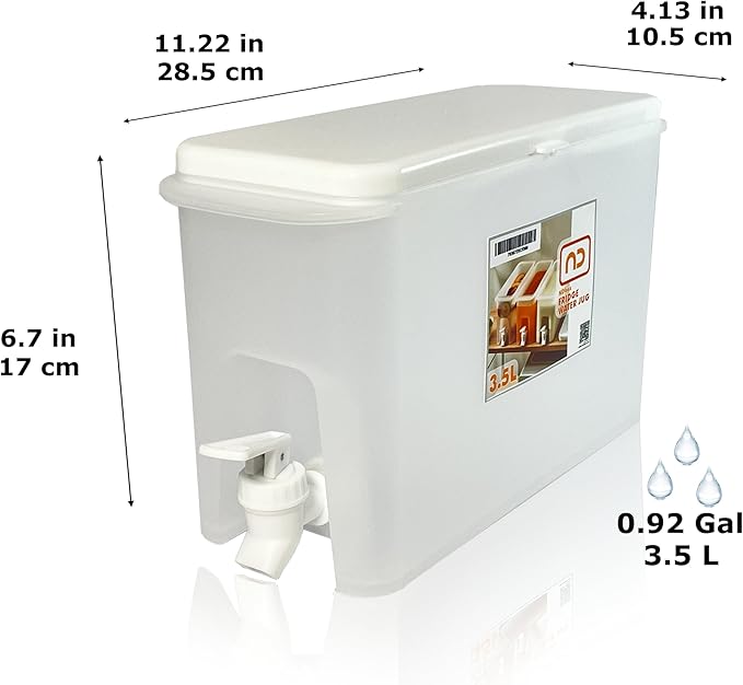 NDBOX Slim Fridge Jug with Faucet for Water, Iced Tea, Fruit Juice, Softdrinks, Milk, Beverages Dispenser - Hot or Cold Drinks for Parties - Spacesaver 3.5L or 0.92Gal Container (White Jug 1pc)