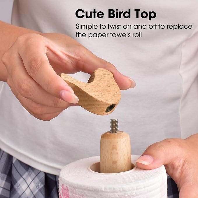 KitchLife Cute Wooden Paper Towel Holder Countertop - Solid Freestanding Paper Towel Dispenser Stand Organizer with Anti-Skid Base (Bird)
