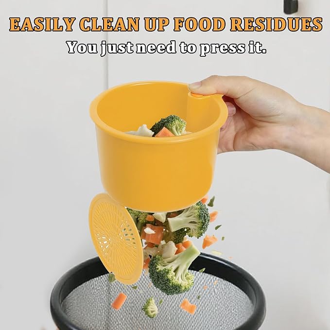 Sink Strainer Basket with One-Touch Drain Mesh, Snap-On Strap & Detachable Design – Kitchen Sink Food Scrap Filtering Storage Organizer (Yellow)