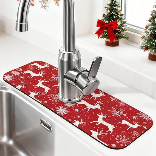 Sink Faucet Mat Deer Snowflakes Kitchen Splash Guard Absorbent Bathroom Sink Mat Around Faucet 15" x 5.5" Drying Mats Stone Draining Mat