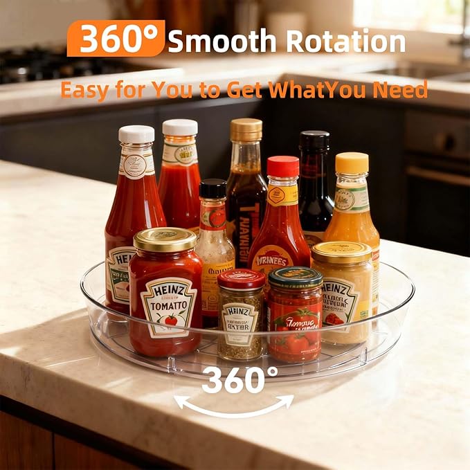 MiraFure Lazy Susan Turntable for Spice Organization | Clear BPA-Free Plastic Rotating Organizer for Kitchen Cabinet, Pantry, Countertop, Fridge | 360-Degree Rotating Base (10 inch - 8 Pack)