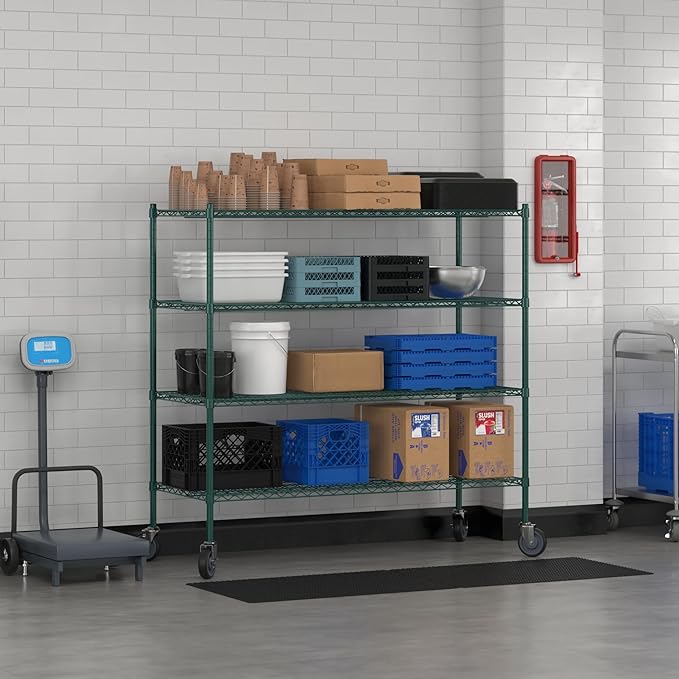 Commercial NSF Listed Green Epoxy Mobile Wire Shelving Kit 24" x 60" x 60", with 4 Shelves Perfect for Warehouse, Walk-in Refrigerator, Freezer, Grocery Store, Restaurant, Dishroom