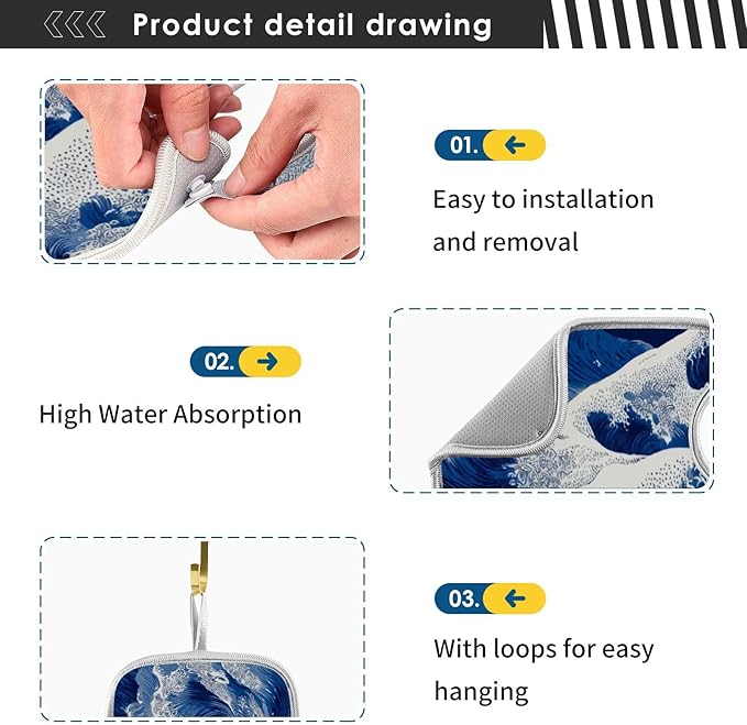2 PCS Kitchen Sink Splash Guard 23.6 Inch Faucet Mat for Kitchen Sink Bathroom Sink Faucet Absorbing Drip Drain Mat Pad Microfiber Soft Washable Blue Sea Waves