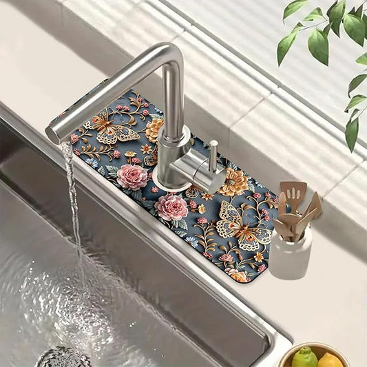 Gold Butterfly Sink Splash Guard Faucet Mat Pink Floral Super Absorbent Fast Drying Mat Sink Gadgets-Splash Guard Behind Faucet Drip Catcher for Kitchen Bathroom, 15.5"x5.5"