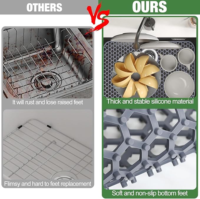 Inchoco Sink Protectors Mat - 25.79"x13.98" Kitchen Sink Pad for Bottom of Basin for Protection of Stainless Steel and Tableware, Farmhouse Rubber Basin Mat Protector with Rear Drain - Light Gray