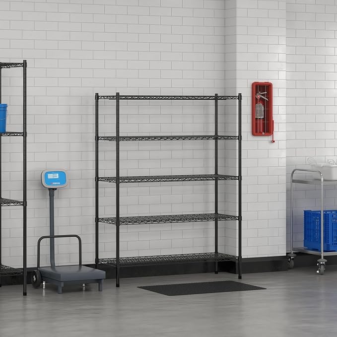 Commercial NSF Listed Black Epoxy Stationary Wire Shelving Kit 18" x 48" x 64", with 5 Shelves Perfect for Warehouse, Walk-in Refrigerator, Freezer, Grocery Store, Restaurant, Dishroom