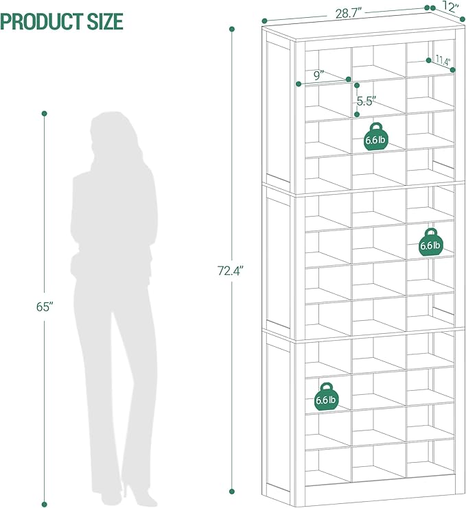 Shoe Storage Cabinet, 36 Pairs Free Standing Closet Organizer, 8.8 inch Widened Cell Wood Shoe Organizer, 12 Tiers Vertical Space Saving Shoe Rack for Entryway, Cloakroom, Greige SR20705B