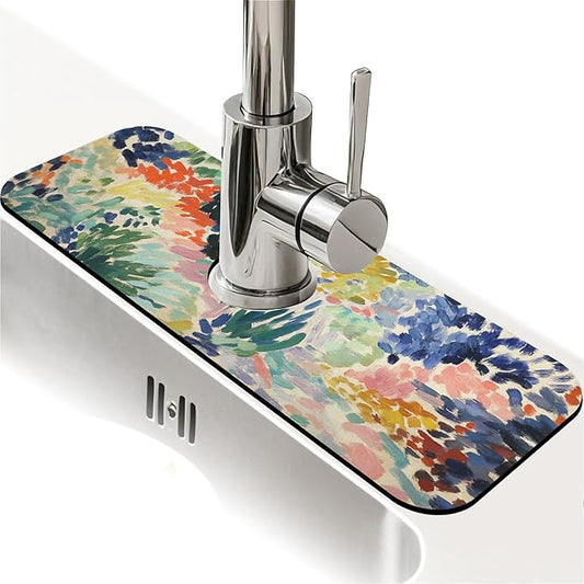 Kitchen Sink Splash Guard，abstract garden Faucet Mat Sink Gadgets-Super Absorbent Fast Drying Mat Drip Catcher for Kitchen, Bathroom,Sink Mat, Dish Drying Mat, Bathroom(15" X 5.5" )