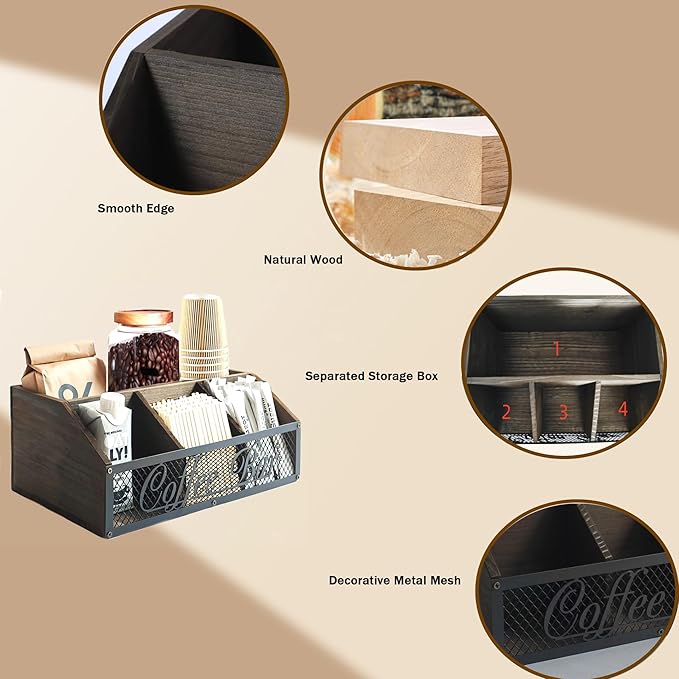 Coffee Station Organizer for Countertop, Wood Coffee Bar Organizer, Coffee Pods Holder Storage Box, Rustic Bar Accessories for Decor, Syrup and Tea Condiment (Brown)