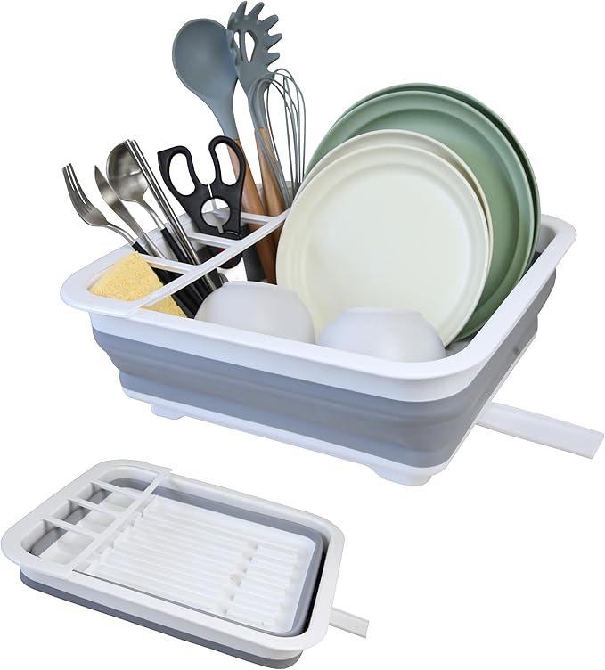 Collapsible Dish Drying Rack with Drain Plug and Swivel Spout - Lightweight, Compact and Space-Saving Dish Drainer Organizer for Kitchen, RV, Campers and Travel Trailers