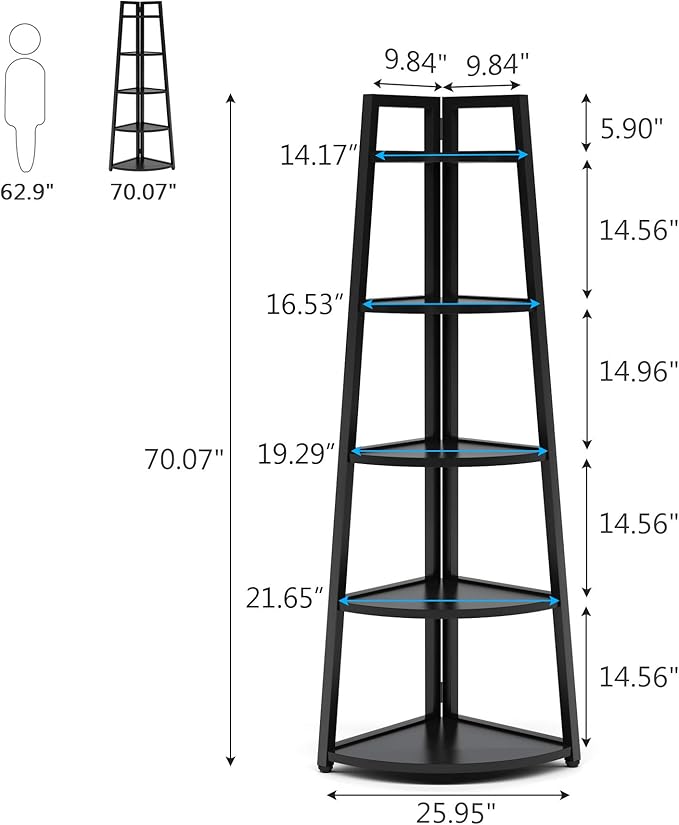 Tribesigns 70 inch Tall Corner Shelf, 5 Tier Modern Corner Bookshelf Bookcase Industrial Corner Ladder Shelf Plant Stand for Living Room, Kitchen, Home Office (Black)